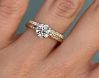 1.5 CT Round Cut Moissanite Wedding Bridal Set 14K Solid Yellow Gold Ring With Matching Band Diamond Ring Set Engagement Ring Set For Women