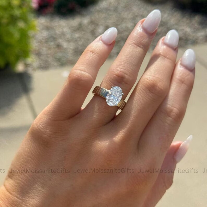 Oval Cut Moissanite Engagement Ring Solid Yellow Gold Ribbed Band ...