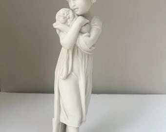 Large Vintage Parian Ware Bisque Porcelain Girl with Dog Figurine Matte White