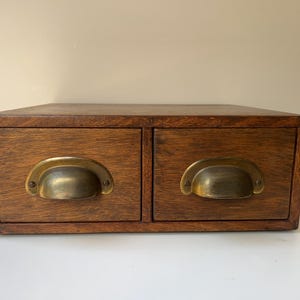 Vintage Wooden Two Drawer Filing Cabinet – Brass Handles, Mid Century Desk Storage