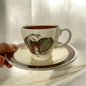 Puede incluir: Juego de taza y platillo de color crema. La taza presenta una ilustración botánica de una planta con un fruto rojo y hojas verdes. El platillo tiene un borde marrón. La taza está llena de un líquido oscuro.