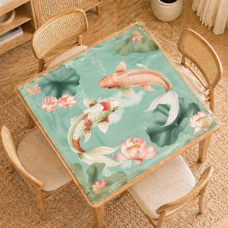 K&ouml;nnte beinhalten: Quadratischer Holztisch mit dekorativer Oberfl&auml;che mit Koi-Fischen und Lotusblumen-Design. Der Tisch hat einen hellt&uuml;rkisen Hintergrund mit rosa und wei&szlig;en Fischen, gr&uuml;nen Seerosenbl&auml;ttern und rosa Lotusbl&uuml;ten. Der Tisch ist von vier Holzst&uuml;hlen umgeben.