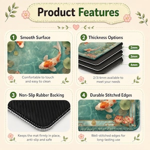 May include: Image showcasing product features of a mat with a koi fish design. Features include a smooth surface, thickness options of 2mm, 3mm, and 4mm, non-slip rubber backing, and durable stitched edges. The text reads "Product Features".
