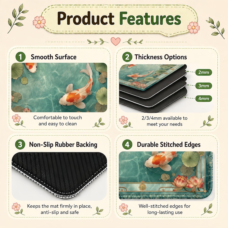 May include: Image showcasing product features of a mat with a koi fish design. Features include a smooth surface, thickness options of 2mm, 3mm, and 4mm, non-slip rubber backing, and durable stitched edges. The text reads "Product Features".
