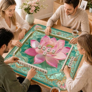 May include: A square mahjong mat featuring a large pink lotus flower illustration on a teal background with ornate gold filigree borders. The mat displays four mahjong tiles in the center with Chinese characters and racks of tiles on each side.