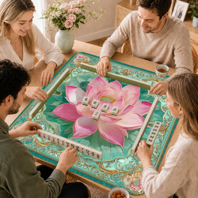 May include: A square mahjong mat featuring a large pink lotus flower illustration on a teal background with ornate gold filigree borders. The mat displays four mahjong tiles in the center with Chinese characters and racks of tiles on each side.