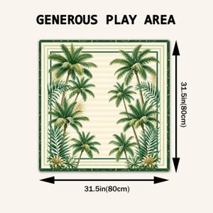 K&ouml;nnte beinhalten: Eine quadratische Spielmatte mit einem Palmenmuster aus gr&uuml;nen Bl&auml;ttern und beigen St&auml;mmen auf einem cremefarbenen, gestreiften Hintergrund. Der Text "GENEROUS PLAY AREA" steht dar&uuml;ber. Sie misst 80 cm mal 80 cm, wie durch Pfeile markiert.