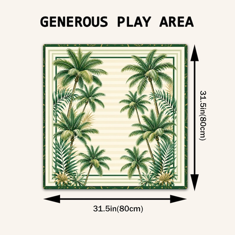 K&ouml;nnte beinhalten: Eine quadratische Spielmatte mit einem Palmenmuster aus gr&uuml;nen Bl&auml;ttern und beigen St&auml;mmen auf einem cremefarbenen, gestreiften Hintergrund. Der Text "GENEROUS PLAY AREA" steht dar&uuml;ber. Sie misst 80 cm mal 80 cm, wie durch Pfeile markiert.