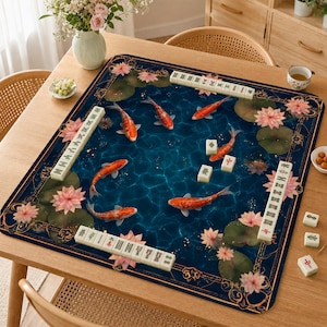 May include: A rectangular Mahjong game mat with a dark blue background featuring koi carp, lotus flowers, and lily pads. The mat has a decorative border and is surrounded by wooden Mahjong tiles. The mat is placed on a wooden table.