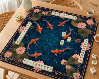 Tapis de mahjong Lotus Koi - Tapis de table de mahjong en caoutchouc antidérapant avec bords cousus