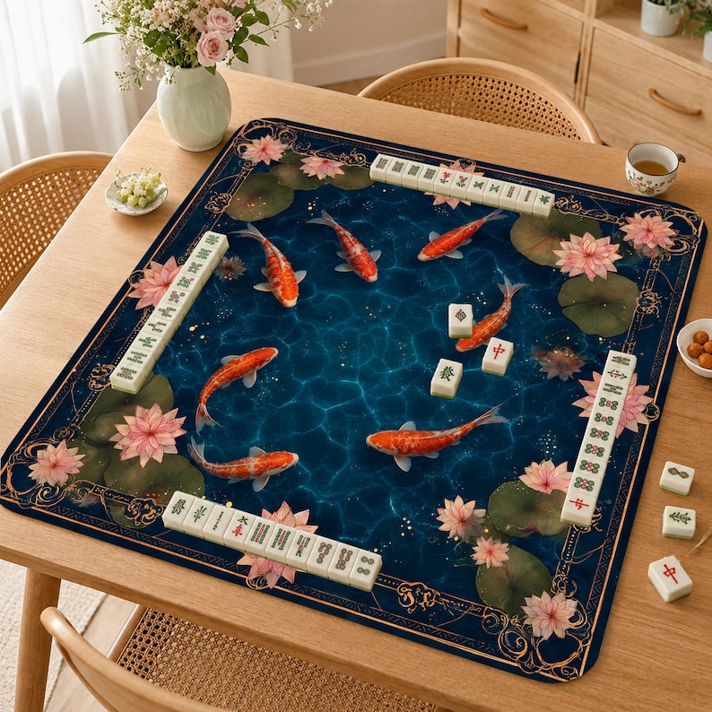 May include: A rectangular Mahjong game mat with a dark blue background featuring koi carp, lotus flowers, and lily pads. The mat has a decorative border and is surrounded by wooden Mahjong tiles. The mat is placed on a wooden table.