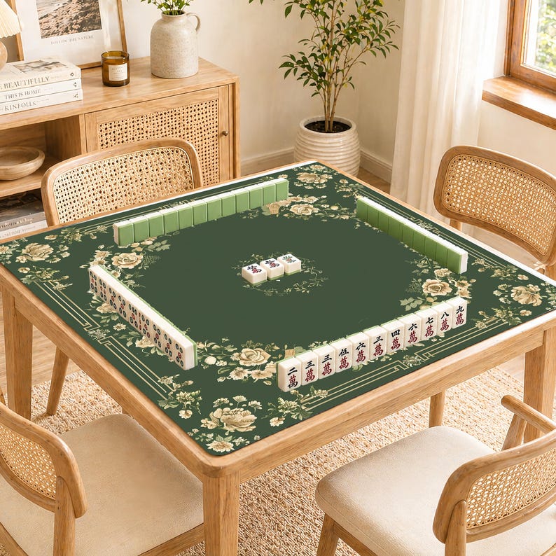 May include: A square wooden mahjong table with a green floral patterned mat. The table is surrounded by four rattan chairs. Mahjong tiles are arranged on the table, ready for play. The table is set in a well-lit room.