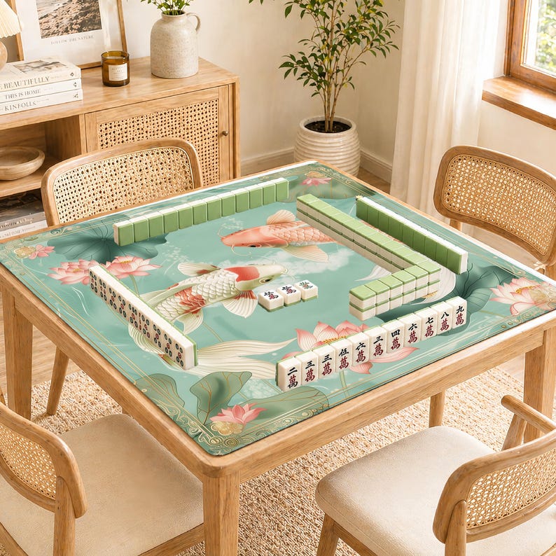 K&ouml;nnte beinhalten: Ein h&ouml;lzerner Mahjong-Tisch mit einer t&uuml;rkisfarbenen Matte mit Koi-Fischen und Lotusblumen. Der Tisch ist mit gr&uuml;nen und wei&szlig;en Mahjong-Steinen best&uuml;ckt, umgeben von Rattanst&uuml;hlen. Der Tisch ist etwa 91 cm im Quadrat.