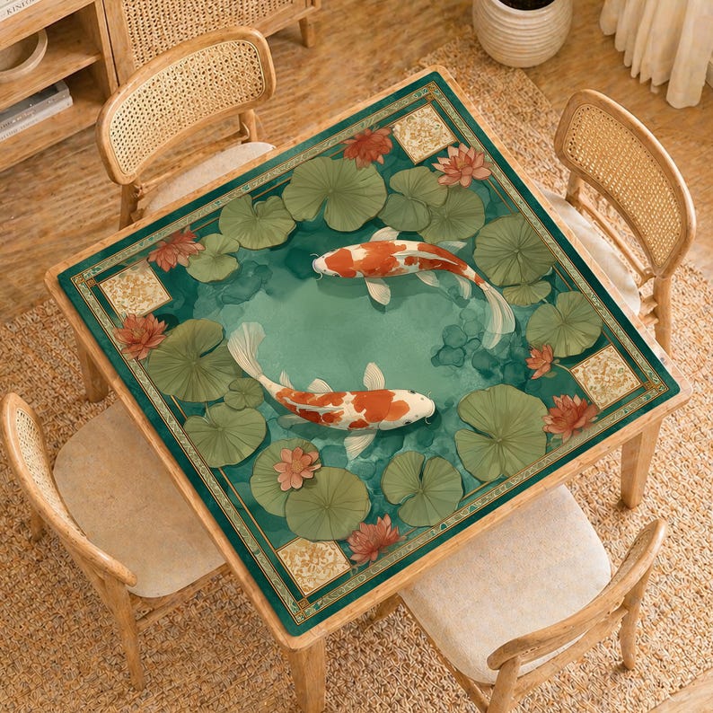 May include: Square wooden table with a decorative top featuring a koi pond design. The design includes two orange and white koi fish, lily pads, and lotus flowers in a teal-green pond. The table is surrounded by four wooden chairs.