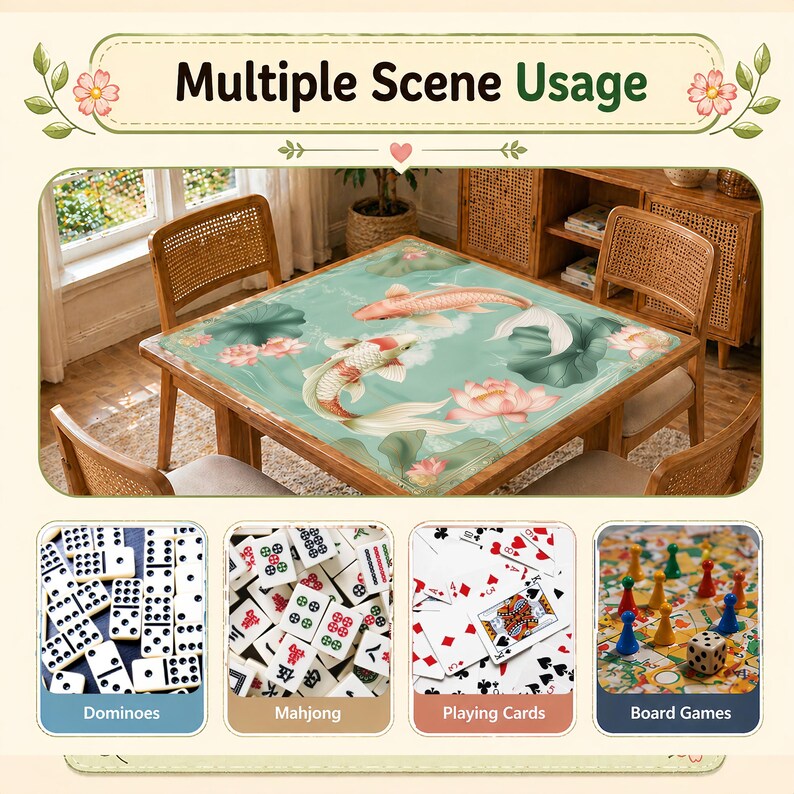 K&ouml;nnte beinhalten: Ein Holztisch mit einem Koi-Fisch- und Lotusblumen-Design, umgeben von vier Rattanst&uuml;hlen. Das Bild zeigt auch Dominosteine, Mahjong-Steine, Spielkarten und Brettspiele mit dem Text "Multiple Scene Usage".
