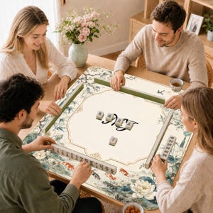 Lotus Koi Fish Mahjong Mat, Personalized Mah Jongg Table Cover, Magnolia Floral Game Mat, Custom Family Name Gift image 4