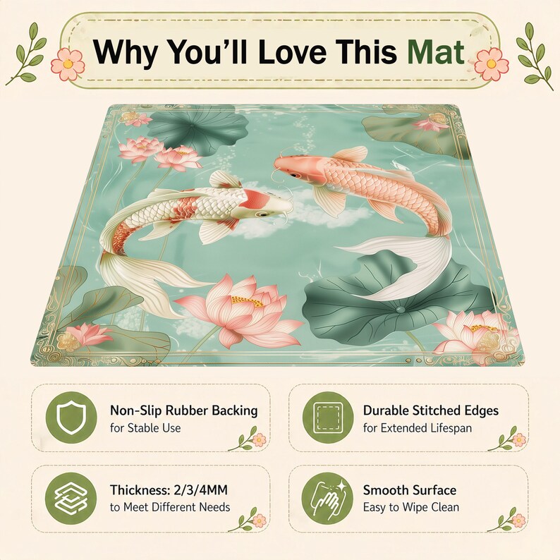 K&ouml;nnte beinhalten: Eine rechteckige Matte mit einem Koi-Karpfen-Design, Lotusbl&uuml;ten und Bl&auml;ttern in Rosa, Gr&uuml;n und Wei&szlig;. Die Matte hat eine rutschfeste Gummiunterseite, strapazierf&auml;hige, gen&auml;hte Kanten und eine glatte Oberfl&auml;che. Der Text "Why You'll Love This Mat" steht oben.