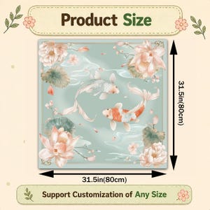 May include: Square decorative item featuring a serene aquatic scene with two koi fish, lotus flowers, and lily pads. The item is 31.5 inches (80cm) on each side. The text "Product Size" and "Support Customization of Any Size" are displayed.