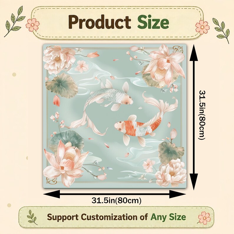 May include: Square decorative item featuring a serene aquatic scene with two koi fish, lotus flowers, and lily pads. The item is 31.5 inches (80cm) on each side. The text "Product Size" and "Support Customization of Any Size" are displayed.