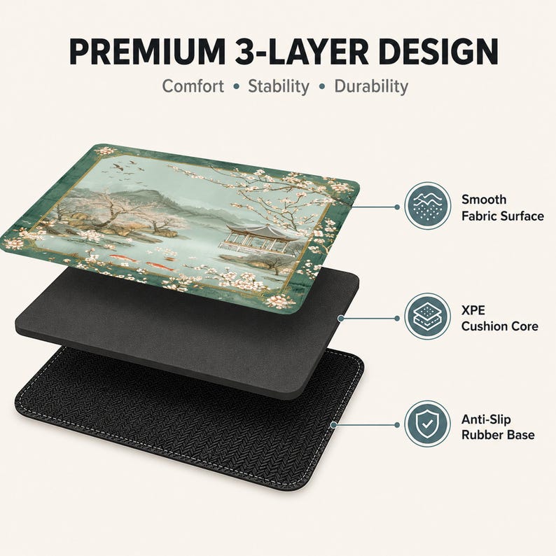 May include: A rectangular desk mat with a premium 3-layer design featuring a smooth fabric surface with a green landscape print, an XPE cushion core, and an anti-slip rubber base. The text reads Premium 3-Layer Design, Comfort, Stability, Durability.