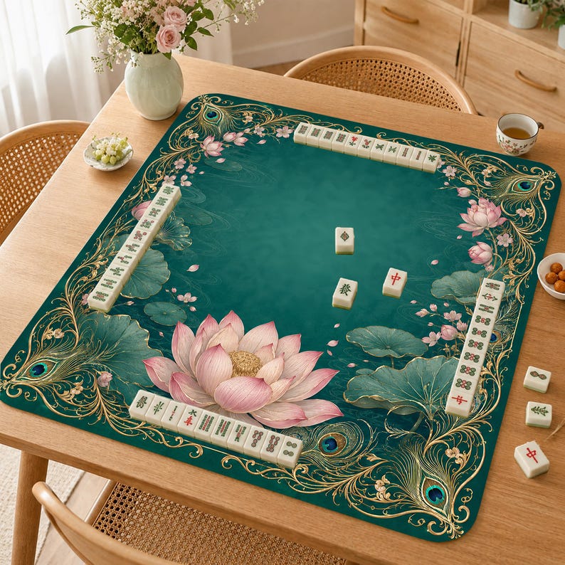 Op de afbeelding: Een vierkante mahjongmat met een diep groenblauwe achtergrond, voorzien van een grote roze lotusbloem, groene waterleliebladeren en gouden pauwenveermotieven. Witte mahjongtegels zijn gerangschikt langs de randen en in het midden van de mat.