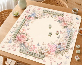 Mahjongmat, vintage bloemenkrans Mah Jongg-mat, speelmat elegante roze bloem, vrouwelijk mahjongdecor, vlindertuin