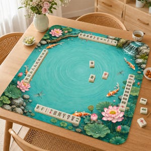 K&ouml;nnte beinhalten: Eine quadratische Mahjong-Matte mit einem aufgedruckten Teichmotiv, das t&uuml;rkisfarbenes Wasser, rosa Lotusbl&uuml;ten, gr&uuml;ne Seerosenbl&auml;tter und orangefarbene Koi-Fische zeigt. Die Matte enth&auml;lt vier Reihen von Mahjong-Steinen und drei einzelne Steine.