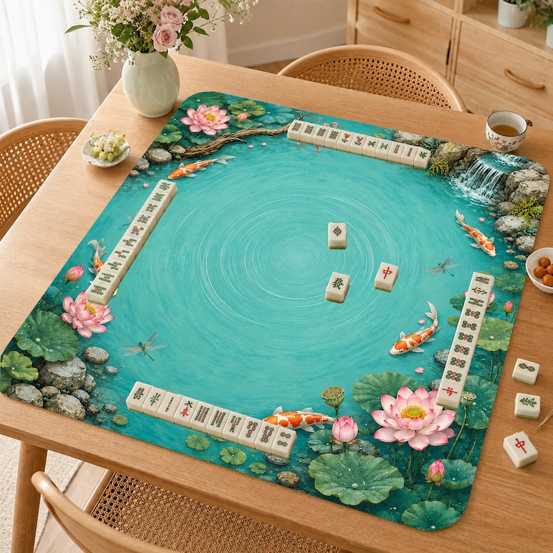 K&ouml;nnte beinhalten: Eine quadratische Mahjong-Matte mit einem aufgedruckten Teichmotiv, das t&uuml;rkisfarbenes Wasser, rosa Lotusbl&uuml;ten, gr&uuml;ne Seerosenbl&auml;tter und orangefarbene Koi-Fische zeigt. Die Matte enth&auml;lt vier Reihen von Mahjong-Steinen und drei einzelne Steine.