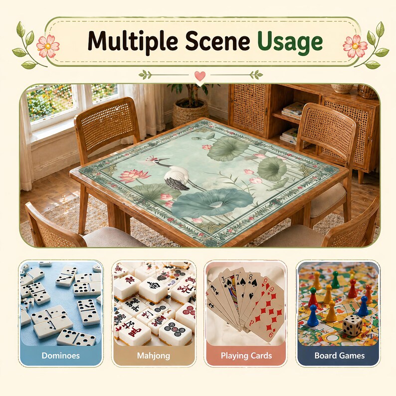 May include: A square table with a floral and bird design, surrounded by rattan chairs. The image includes examples of dominoes, mahjong, playing cards, and board games, with the text "Multiple Scene Usage".