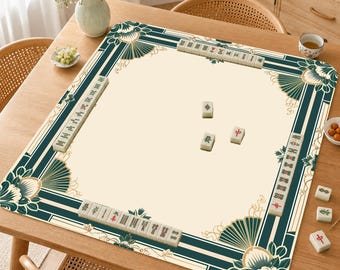 Art Nouveau Fan & Floral Table Topper for Mah Jongg, Emerald Green Non-Slip Roll-Up Mahjong Game Mat, Game Night Gift