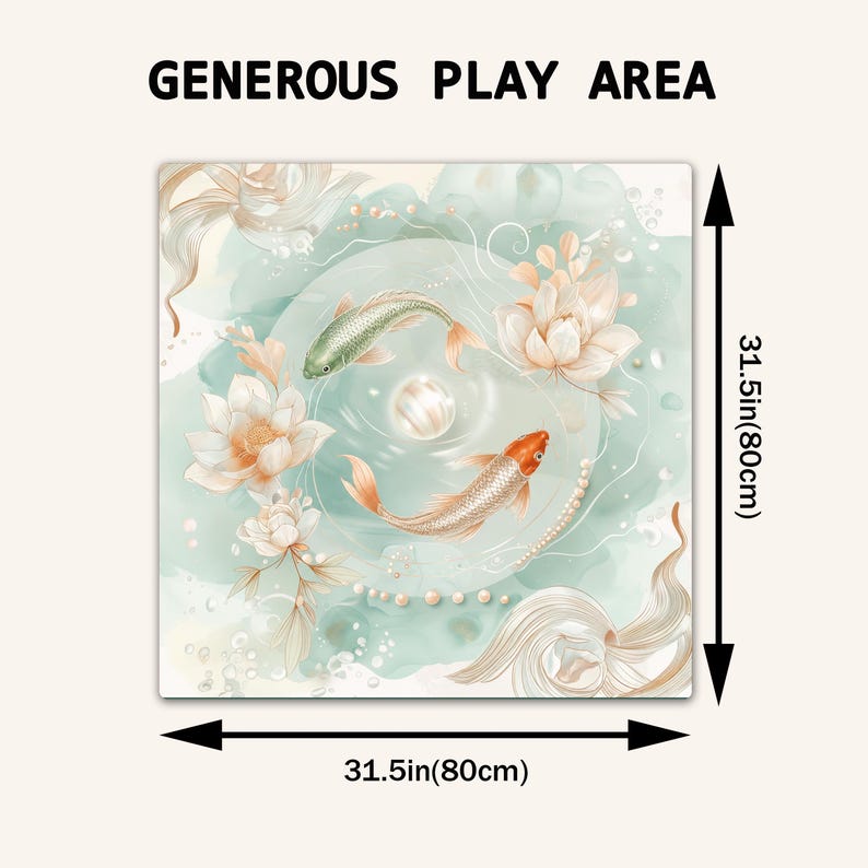 Puede incluir: Una alfombra de juego cuadrada con el texto "GENEROUS PLAY AREA" y una ilustraci&oacute;n en acuarela de dos peces koi, uno verde y otro naranja, nadando entre flores de loto blancas y perlas. La alfombra mide 80 cm por 80 cm.