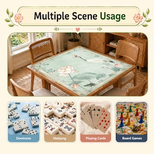 May include: A wooden table with a floral and crane design, surrounded by wicker chairs. The image shows the table being used for games like dominoes, mahjong, playing cards, and board games. The text at the top says "Multiple Scene Usage."