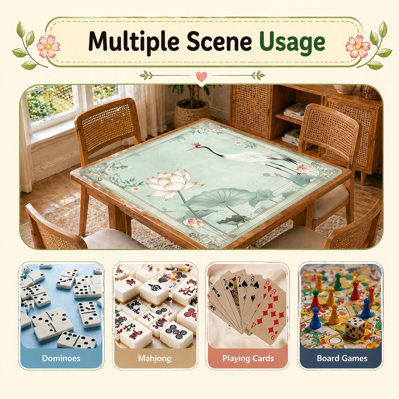 May include: A wooden table with a floral and crane design, surrounded by wicker chairs. The image shows the table being used for games like dominoes, mahjong, playing cards, and board games. The text at the top says "Multiple Scene Usage."