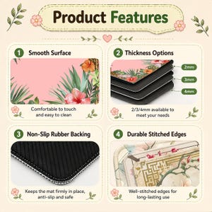 May include: Image detailing product features: smooth surface, thickness options (2mm, 3mm, 4mm), non-slip rubber backing, and durable stitched edges. The product features a floral design with a pink background and the text "Product Features".
