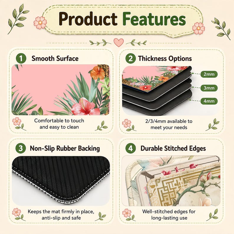 May include: Image detailing product features: smooth surface, thickness options (2mm, 3mm, 4mm), non-slip rubber backing, and durable stitched edges. The product features a floral design with a pink background and the text "Product Features".