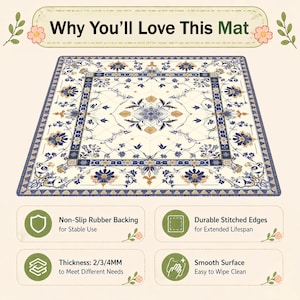May include: A rectangular mat with a cream-colored background and a blue and gold floral design. The mat has a border with a repeating pattern and the text "Why You'll Love This Mat". Features include non-slip backing, durable stitched edges, and a smooth surface.