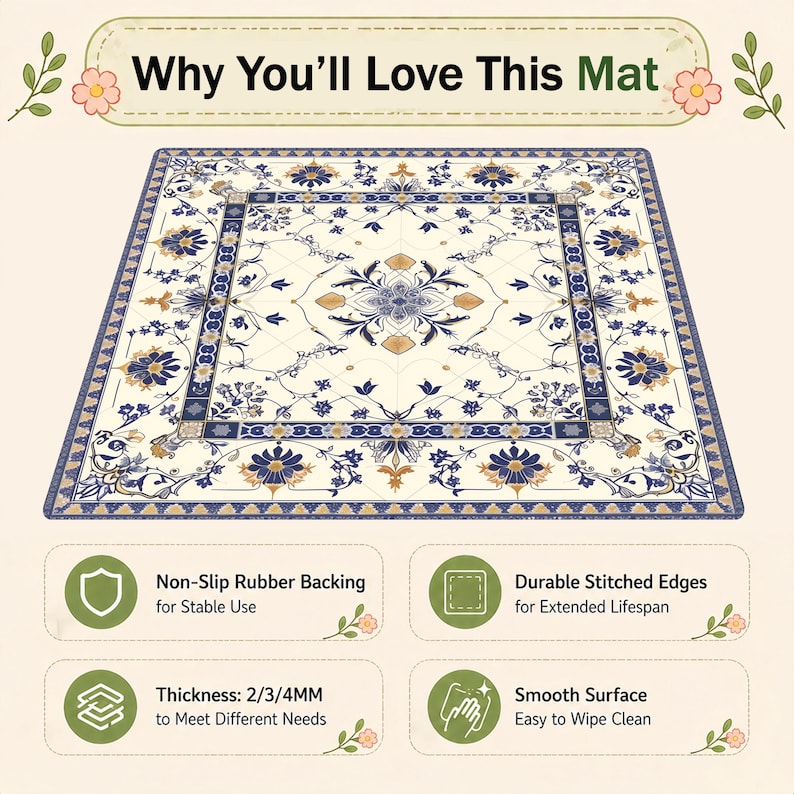 May include: A rectangular mat with a cream-colored background and a blue and gold floral design. The mat has a border with a repeating pattern and the text "Why You'll Love This Mat". Features include non-slip backing, durable stitched edges, and a smooth surface.