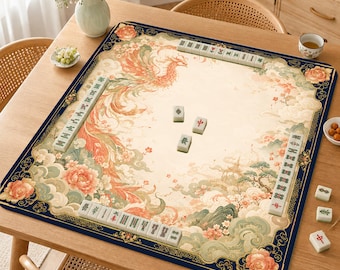Mahjong Mat, Chinoiserie Phoenix Mahjong Mat, Peach Floral Mah Jongg Table Mat, Elegant Asian Inspired Game Mat
