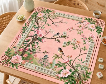 Tapis de mahjong oiseau fleurs de cerisier, tapis de Mahjong floral rose, tapis de table de jeu de jardin oriental, cadeau de mahjong asiatique vintage