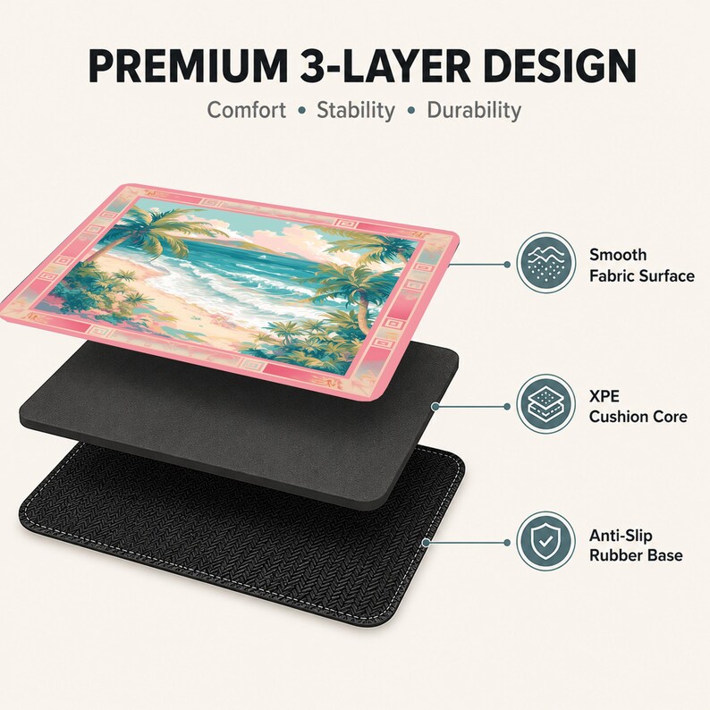 May include: A rectangular desk mat with a premium 3-layer design featuring a smooth fabric surface with a tropical beach illustration, an XPE cushion core, and an anti-slip rubber base. The text reads PREMIUM 3-LAYER DESIGN, Comfort, Stability, Durability.