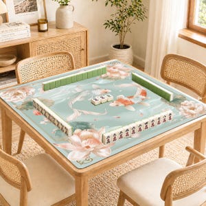 May include: A wooden mahjong table with a light blue mat featuring koi fish and lotus flowers. The table is set with green and white tiles, ready for a game. The table is surrounded by four rattan chairs.