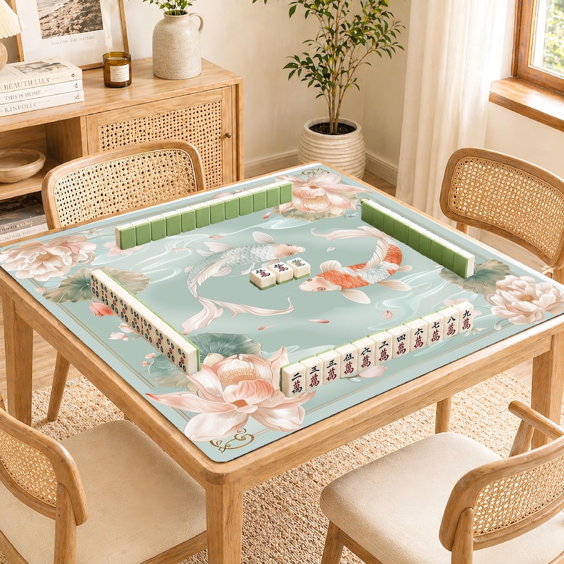 May include: A wooden mahjong table with a light blue mat featuring koi fish and lotus flowers. The table is set with green and white tiles, ready for a game. The table is surrounded by four rattan chairs.