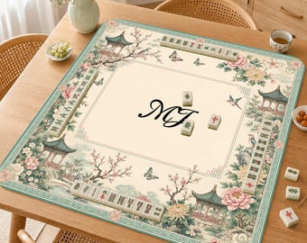 Gepersonaliseerde oosterse paviljoen mahjongmat, bloemen chinoiserie-spelmat, vintage tuin Mah Jongg-tafelkleed, aangepaste naam Mah Jongg-mat