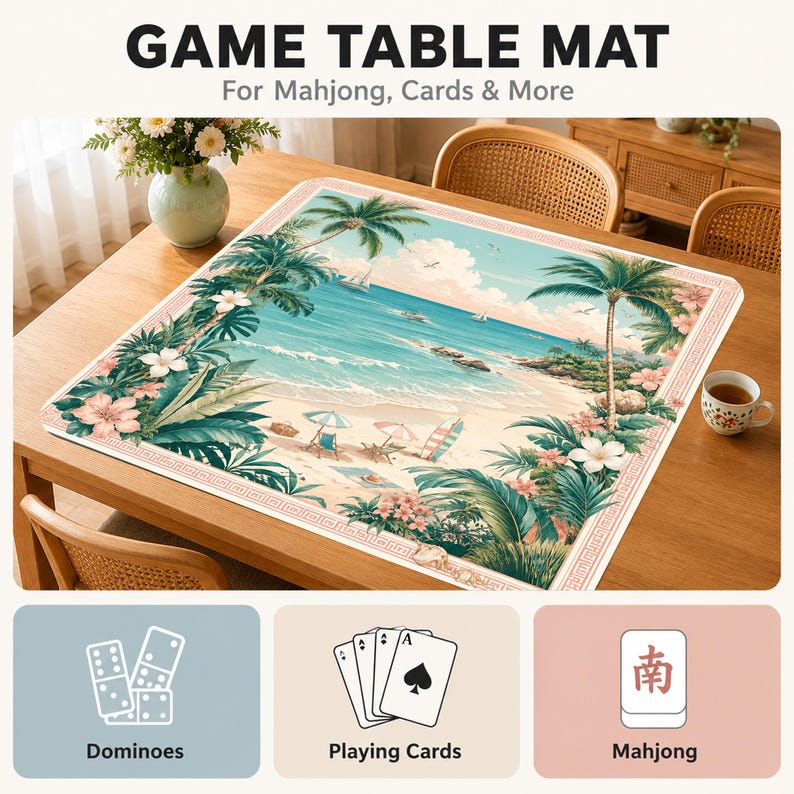 May include: A square game table mat featuring a tropical beach scene with palm trees, ocean waves, and sand. The border has a pink geometric pattern. The mat is displayed on a wooden table with icons for dominoes, playing cards, and mahjong.