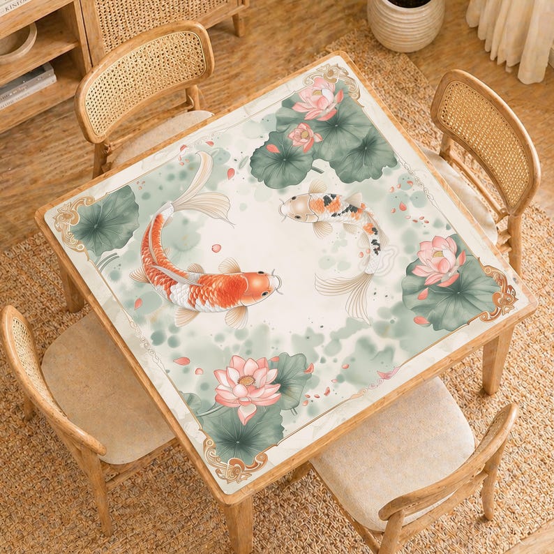 May include: Square wooden table with a decorative top featuring koi carp, lotus flowers, and lily pads in shades of orange, white, and green. The table is surrounded by four wooden chairs with woven backs.