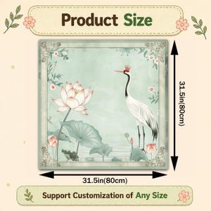 May include: Square decorative art print featuring a crane with a crown, lotus flowers, and lily pads. The artwork is 31.5 inches (80cm) on each side. The text "Product Size" and "Support Customization of Any Size" are displayed.