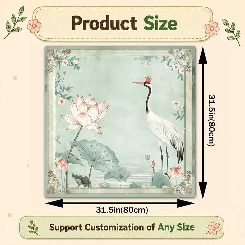 May include: Square decorative art print featuring a crane with a crown, lotus flowers, and lily pads. The artwork is 31.5 inches (80cm) on each side. The text "Product Size" and "Support Customization of Any Size" are displayed.