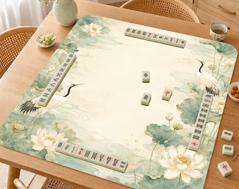 Tapis de mahjong lotus grue, élégant tapis de mahjong zen zen, tapis de table de jeu de jardin lotus blanc, cadeau de mahjong d'inspiration asiatique