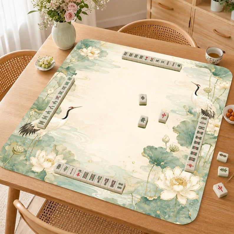 May include: A rectangular mahjong mat featuring a watercolor-style print of white lotus flowers, green lily pads, and red-crowned cranes. The mat is arranged with several rows of ivory-colored mahjong tiles placed along the edges and center.