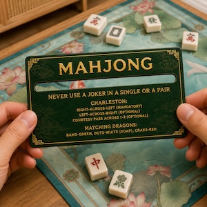 Pode incluir: Um cartão de referência de Mahjong retangular verde-escuro com texto dourado e borda decorativa. O cartão exibe as regras do jogo, incluindo instruções de Charleston e pares de dragões correspondentes, sobre um tapete com motivos de lótus.